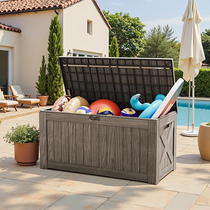 Greesum 120 Gallon Outdoor Storage Box with Lock - Large Resin Deck Box, Reinforced Lid for Garden, Patio, Lawn, Coffee