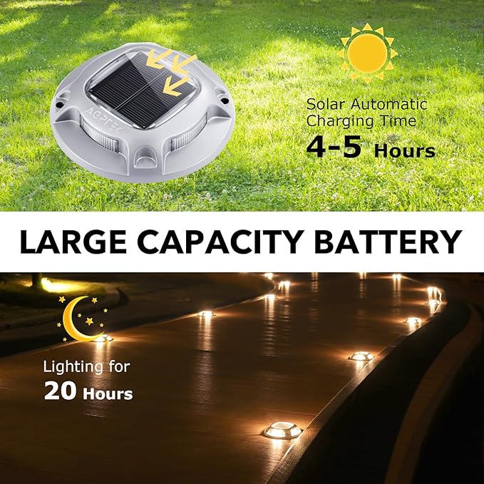 AGPTEK Solar Driveway Lights Outdoor 4 Pack, 2 Color Modes LED Deck Dock Marine Waterproof Driveway Marker Lights for Step Sidewalk Stair Garden Pathway Walkway Yard (Warm White/Cool White)