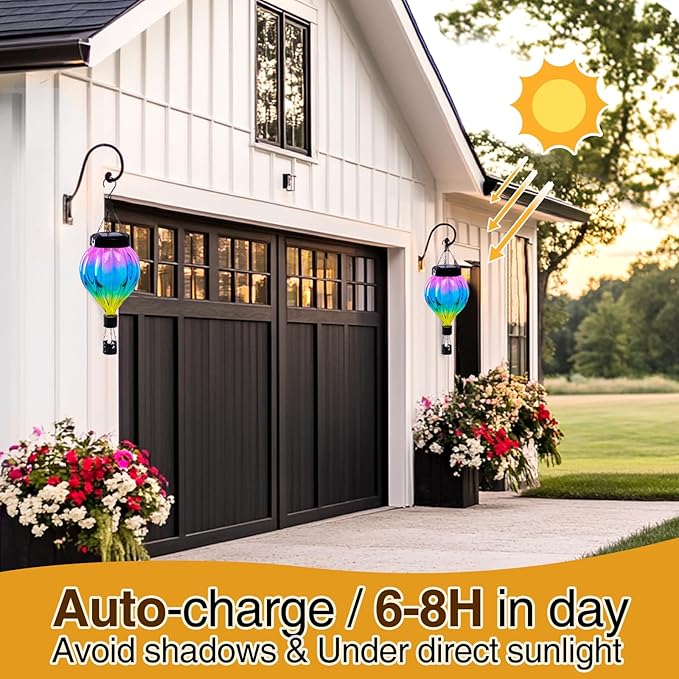 Hot Air Balloon Solar Lantern Outdoor Waterproof with Flickering Flame Gifts for Women Grandma Mom Glas Hanging Solar Lights Decorative for Outside Wall Front Porch Yard Garden Fence