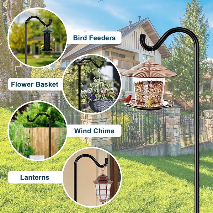 Gtongoko Shepherds Hook for Outdoor, 92 Inch Bird Feeder Pole with 7 Prongs Base, 3/4 Inch Thick Heavy Duty Adjustable Garden Hook for Hanging Plant, Hummingbird Feeder, Lantern, 1 Pack