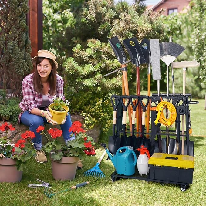 Garden Tool Organizer - Heavy Duty Garage Storage and Organization with Wheels - Large Garden Tool Storage Holder for Lawn Yard Patio Shed,Garage Shovel Rack
