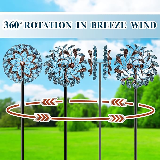 360° Wind Spinners Outdoor, Wind Sculptures Windmill with Metal Stake, Kinetic Large Metal Yard Art Decor Spinners Pinwheels for Garden Outside Patio Lawn, 63.2 * 13.2"
