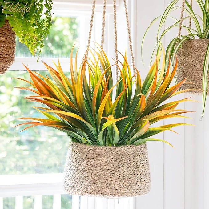 6Pcs Artificial Grass Fake Plants 17.3in Outdoor Plastic Plants UV Resistant Greenery Fake Grass for Home Window Garden Office Patio Hanging Planter Pathway Front Porch Décor Orange Yellow