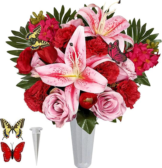 Handmade Cemetery Flowers with Vase for Grave Decor, Artificial Headstone Flower, Bright and Colorfast,Pink Rose Lily/Red Carnation