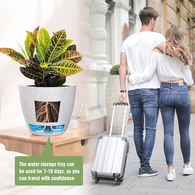 10/9/8 inch Self Watering Pots, Set of 3 Plastic Planters with Mesh Drainage Holes and Deep Reservoir for Indoor Outdoor Garden Plants and Flowers, White Speckles