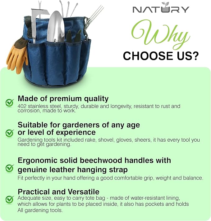 Garden Tools Set – Premium Stainless Steel Gardening Hand Tools with Solid Beechwood Handle – Gardening Kit with Rake, Shovel, Gloves, Shears, Tool Organizer – Garden Gifts for Women and Men