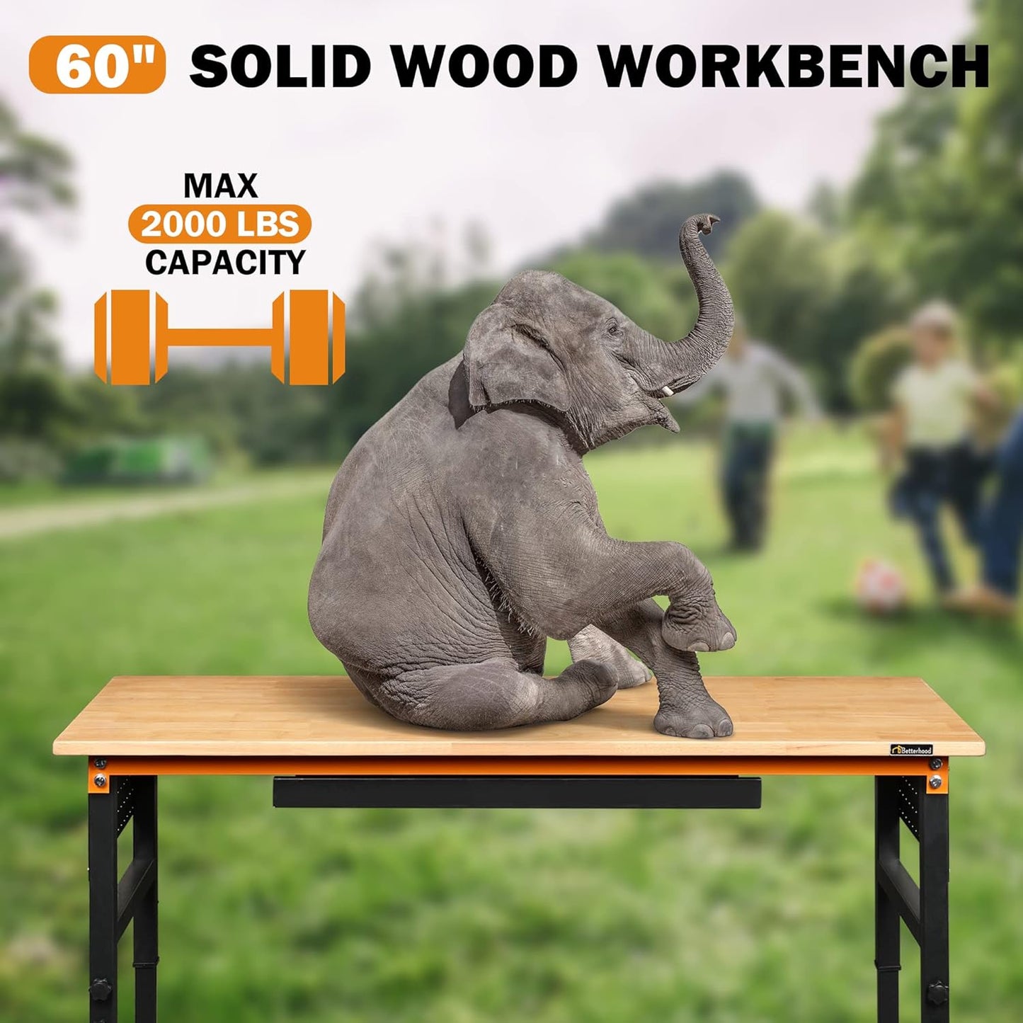 60" Adjustable Workbench for Garage, Rubber Wood Shop Table W/Wheels & Double Pegboards & Drawer, 2000 LBS Load Capacity Hardwood Worktable for Workshop, Garage, Office, Home, Commercial