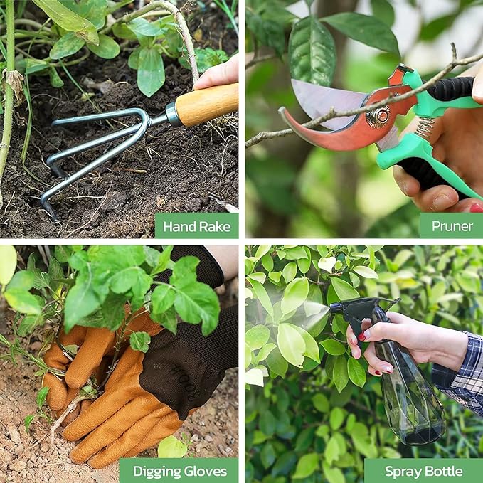 Gardening Tools 9-Piece Heavy Duty Gardening Hand Tools with Fashion and Durable Garden Tools Organizer Handbag,Rust-Proof Garden Tool Set, Ideal Gardening Gifts for Women