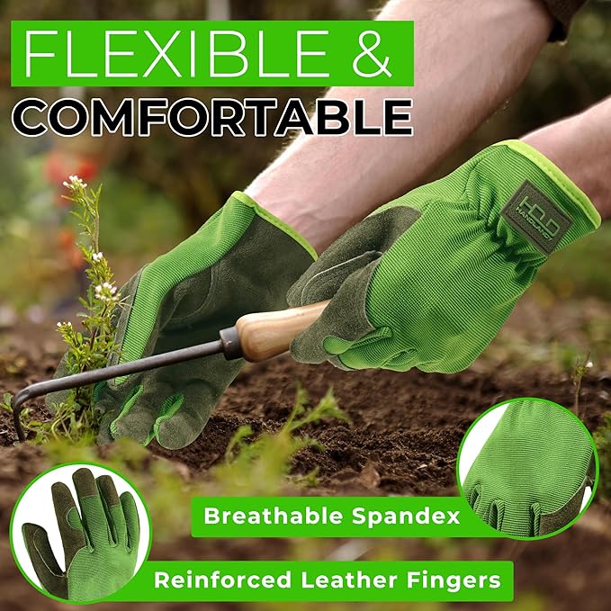 HANDLANDY Leather Work Gloves for Men & Women, Reinforced Durable Garden Gloves, Cowhide Working Glove for Gardening