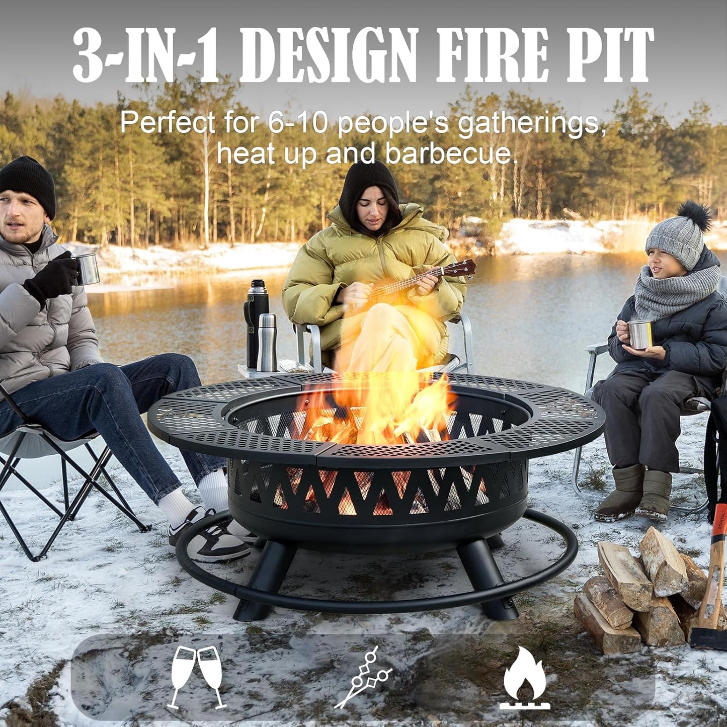 42 Inch Fire Pit with 2 Grills, Large Outdoor Firepits for Outside, Wood Burning Fireplace for Camping,Picnic,Bonfire, 3-in-1 Round Metal Table with Lid for Backyard,Patio,Party