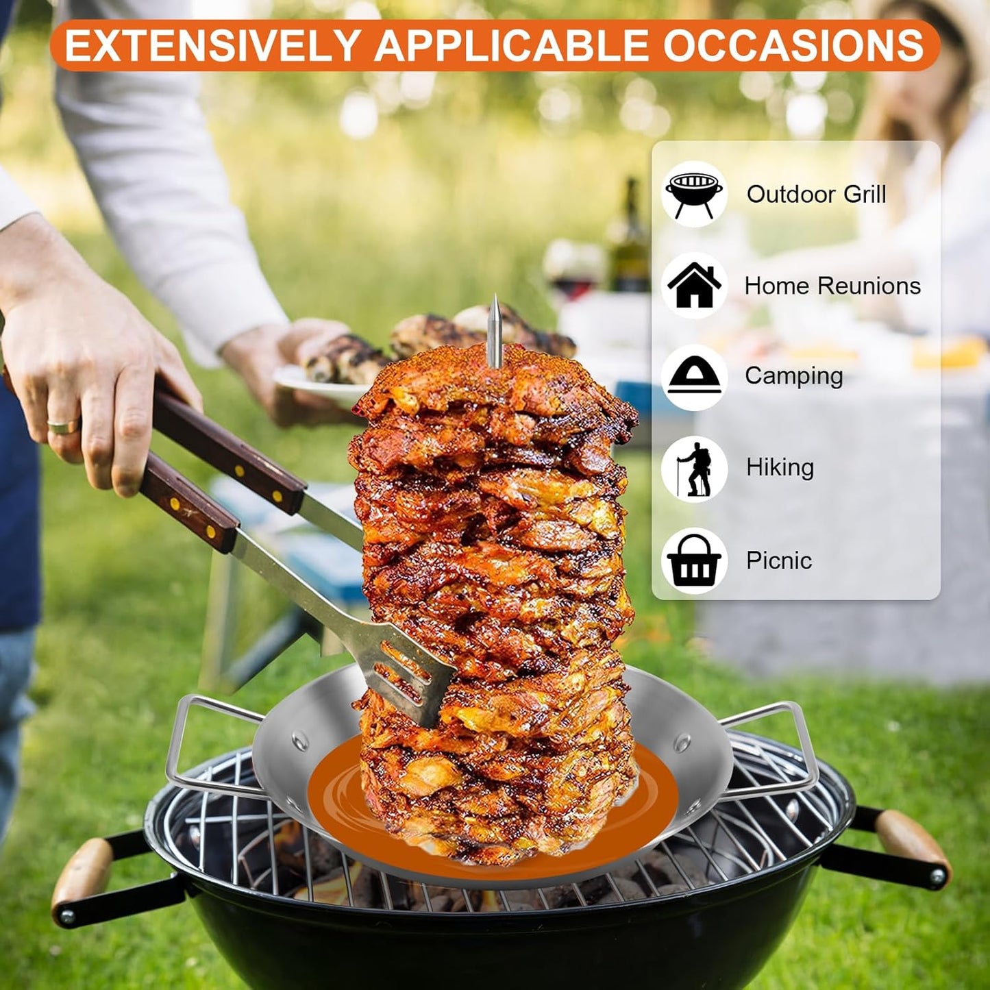 Al Pastor Skewer for Grill, Stainless Steel Vertical Skewer, Brazilian Vertical Spit with 3 Spikes(8”/10"/12”)& Brushes, for Tacos Al Pastor, Shawarma Kebabs Smoker Oven BBQ Dishes