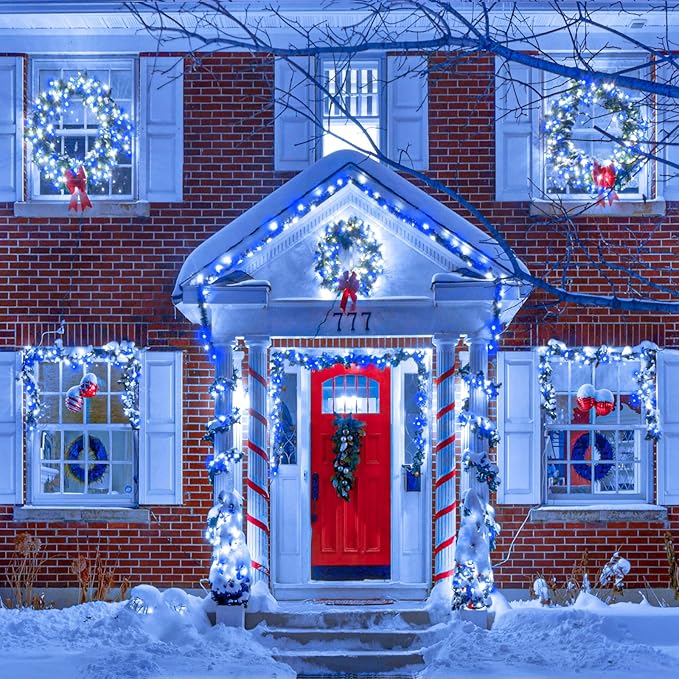 300 LED Christmas Lights Outdoor - 99ft Extra Long Christmas String Lights 8 Modes Plug in Waterproof Fairy Lights with Timer Memory for Indoor Outside Bedroom Home Party Decoration, Blue&White