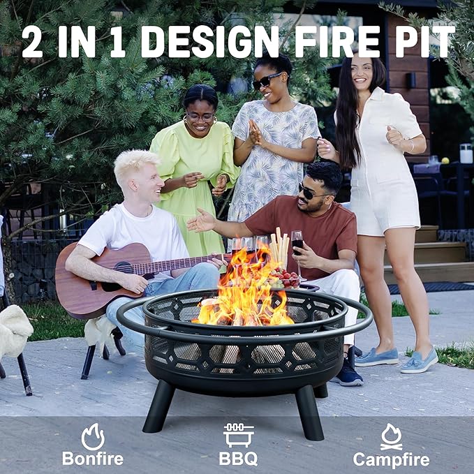 36 Inch Fire Pit, Outdoor Wood Burning Firepit with Removable Grill & Poker, Heavy Duty Metal Round Fireplace,2 in 1 Large Bonfire for Outside,BBQ,Yard,Patio
