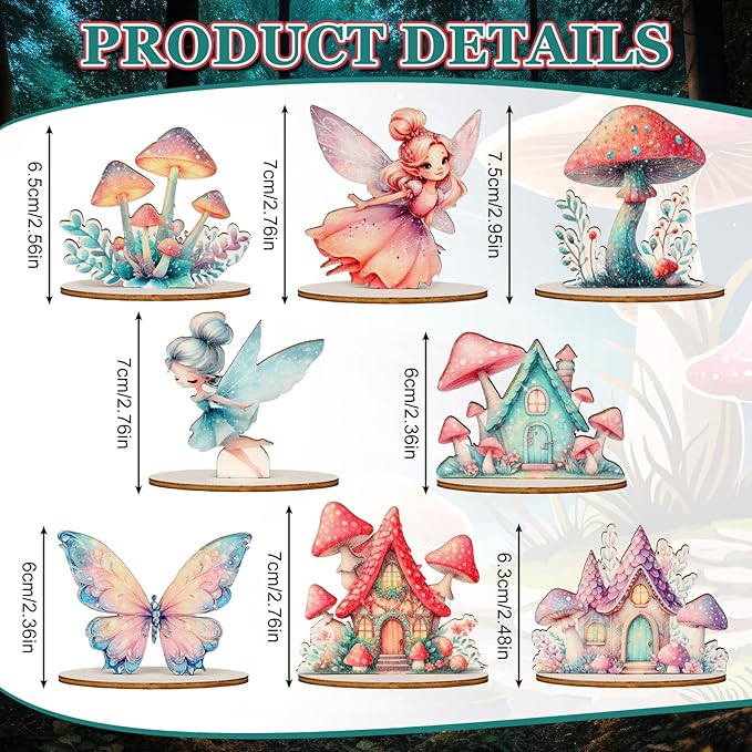 16 Pcs Fairy Party Decorations Wooden Fairies Centerpieces Table Topper Vintage Fairies Mushroom Butterfly Decorations for Home Table Woodland Forest Birthday Party Decor