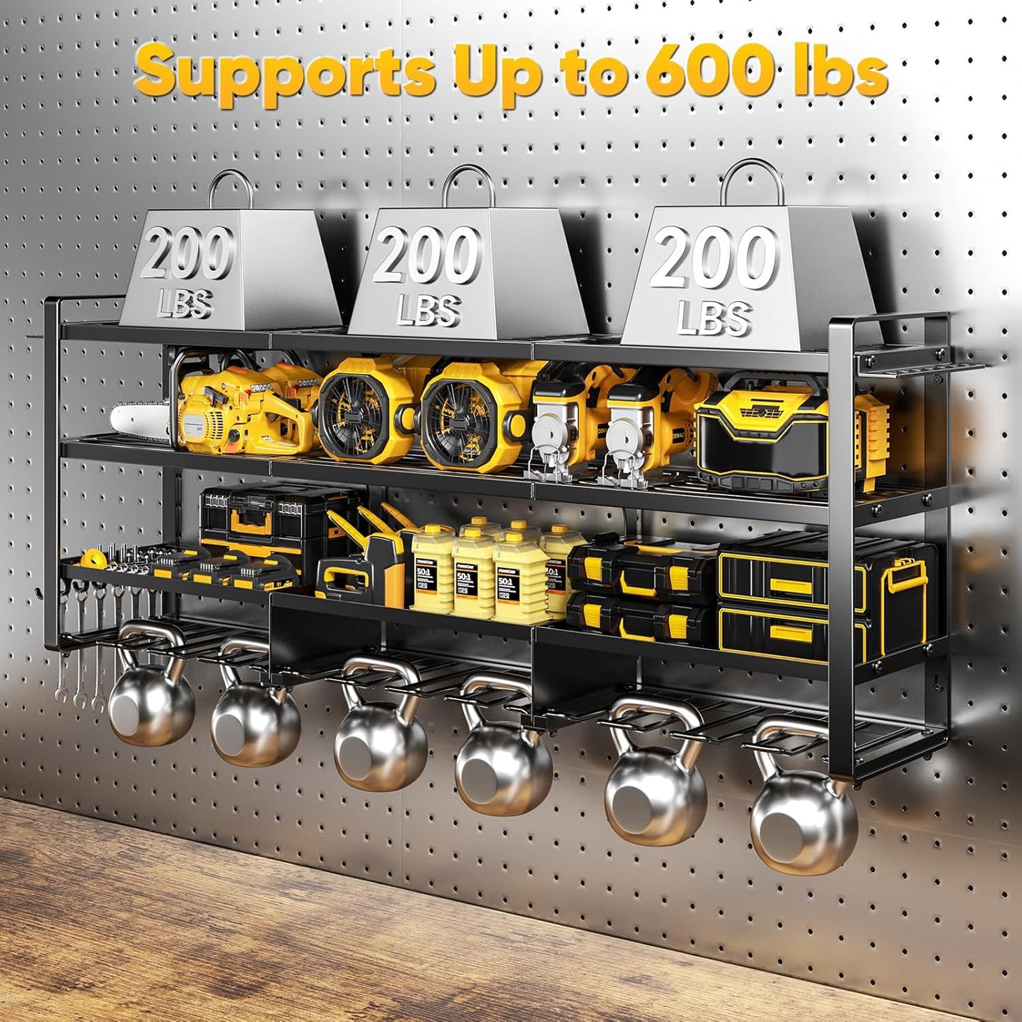 49.5" W Large Power Tool Organizer Wall Mount with Charging Station, 4-Tier Heavy Duty12 Cordless Drills Holder Load 600 lb, Tool Battery Storage Rack Built in 8 Outlet Power Strip for Garage