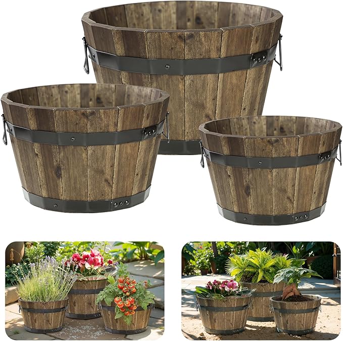 IDZO Set of 3 Wooden Flower Planters for Outdoor Plants, Acacia Wood Barrel Planters, Ergonomic Handles, Drainage Holes, Various Sizes, Walnut