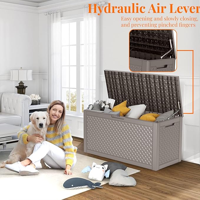 100 Gallon Resin Deck Box, Lockable Outdoor Storage Box for Patio Cushions Storage Furniture,Garden Tools, Pool Supplies, Weatherproof and UV Resistant (Grey L)