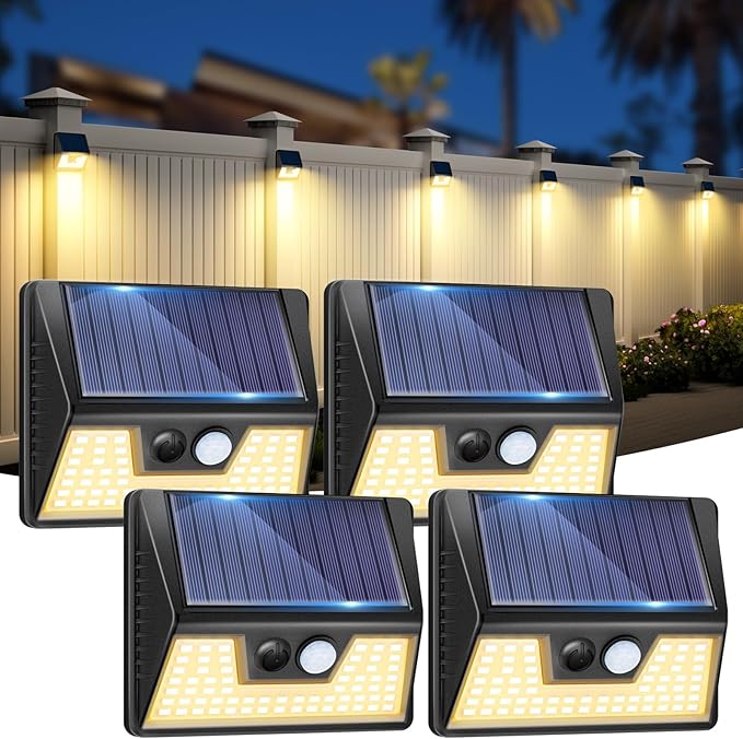 4 Pack Solar Fence Lights, Waterproof Motion Sensor Deck Outdoor, Warm White LED Outside Wireless for Wall Yard Steps Stairs Garden - Black