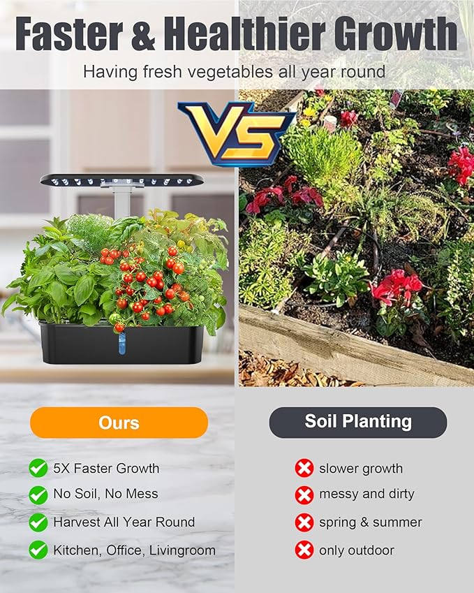 Hydroponics Growing System Kit 12 Pods Indoor Garden, Hydroponic Herb Garden Kit Indoor with LED Grow Light, Smart Indoor Garden, Adjustable Height, Auto Timer, Quiet Pump, Gift for Mom Women, Black