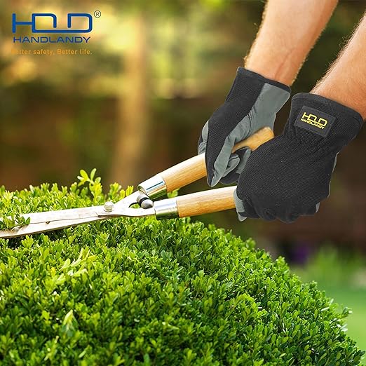 HLDD HANDLANDY Leather Gardening Gloves for Men, Utility Work Gloves for Gardening, Yardwork, Construction, Mechanics with Reinforced Palm, Green M