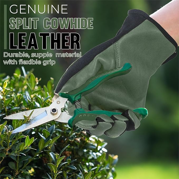 HANDLANDY Leather Work Gloves for Men & Women, Reinforced Durable Garden Gloves, Cowhide Working Glove for Gardening