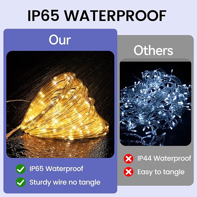 184FT 1000LED Rope Lights Outdoor, Outside LED Rope Lights Plug in String Lights Waterproof 8 Modes Clear Tube Lights for RV Camping Pool Patio Garden Christmas Tree Holiday Decoration(Warm White)