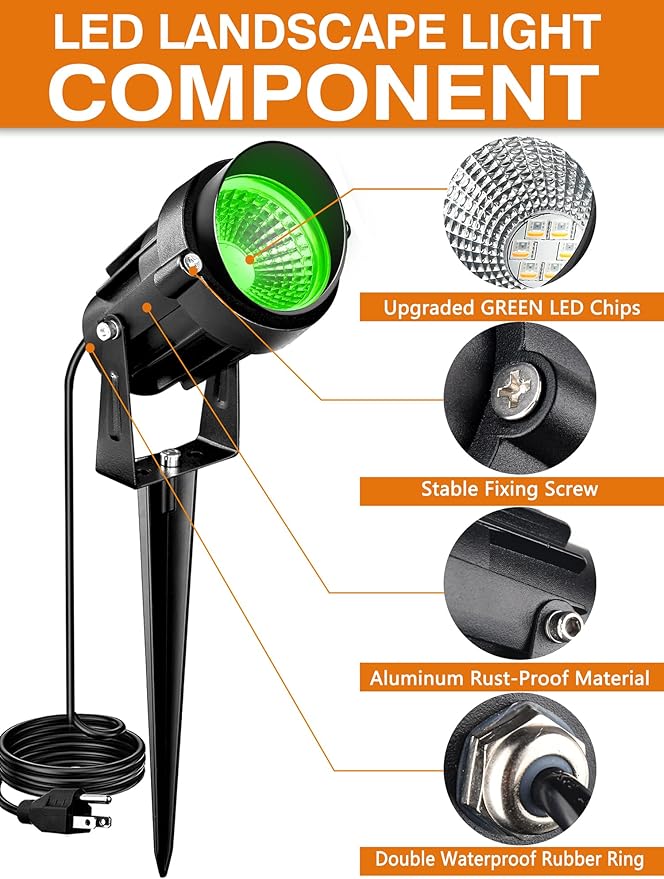 7W Green LED Landscape Lights, 110v 120V Plug in Landscape Lighting with IP66 Waterproof Halloween Christmas Spotlights for Garden Pathway Tree Pathway, 2 Pack