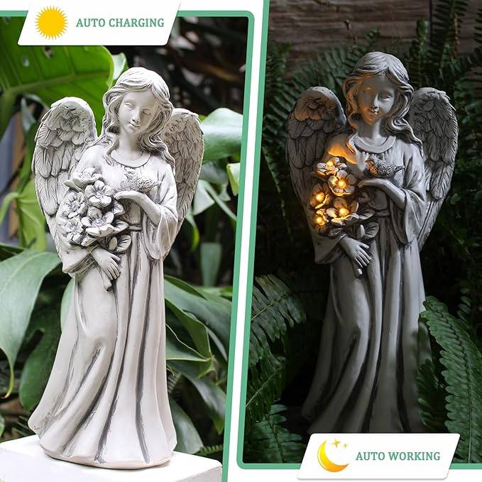 Garden Angel Decor for Outside,Solar Angel Statue for Outdoor,Angel Garden Figurine with Resin,Angel Sculpture for Patio Lawn Yard Porch Decoration,Garden Gift