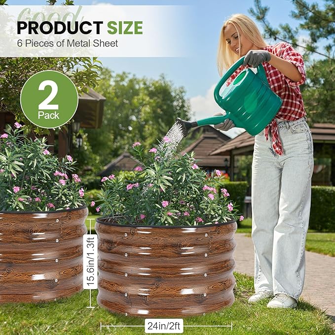 G GOOD GAIN Round Raised Garden Bed - 2Pcs 2x2x1.3ft Galvanized Steel Planter Boxes Outdoor with Rubber Edge Trim | Metal Raised Beds for Gardening Vegetables Flowers Fruits Herbs (Wood Grain)