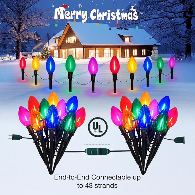 2 Packs Outdoor Christmas Decorations, Total 34 Feet 20 LED C9 Christmas Pathway Lights or Xmas String Lights, Multicolored Bulbs Waterproof Marker Lights for Yard Holiday Lawn Walkway Garden