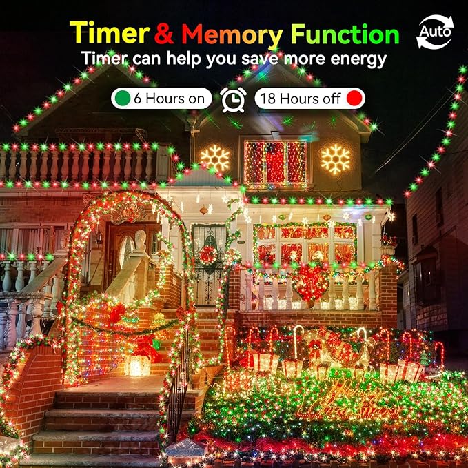 Hezbjiti 2 Pack 1000 LED 403 FT Christmas String Lights Outdoor, 8 Lighting Modes IP44 Waterproof Fairy Lights with Timer and Dimmable Function for Party Tree Decorations (Red+Green, Clear Wire)