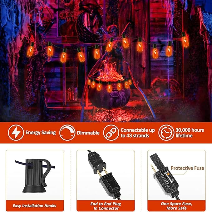 10Ft Halloween Orange Flicker Flame String Lights, ST40 Halloween Decorative String Lights Outdoor with Realistic Orange Red Flame, Hanging Halloween Orange Lights for Christmas Party Patio Decor