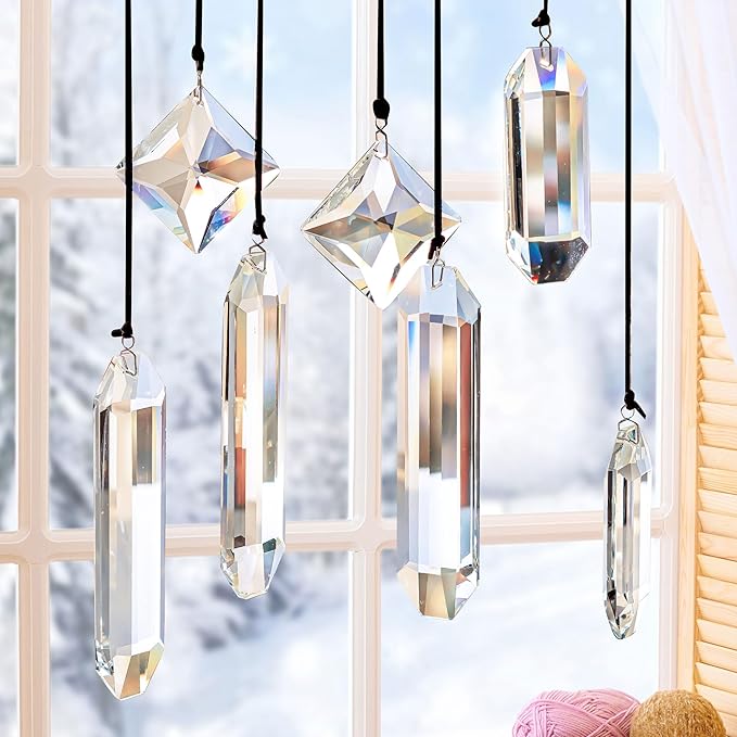 HDCRYSTALGIFTS Modern Grief Gift,Set 7 Clear Crystal Prisms Suncatchers Hanging Ornament,Rainbow Maker Sun Catchers for Windows, Balcony, Kitchen, Garden Decoration