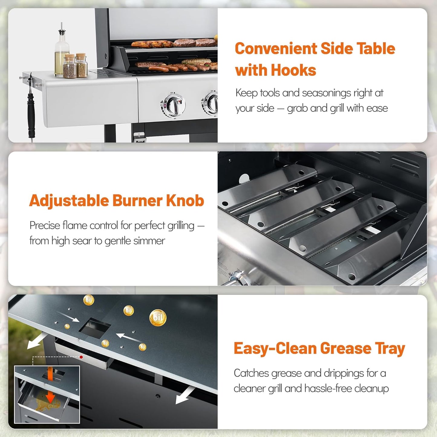 4-Burner Propane Gas Grill, Stainless Steel BBQ with 40,000 BTU, Foldable Side Shelves, Porcelain-Coated Grates, Ideal for Patio & Backyard Cooking (4&1 Burner)