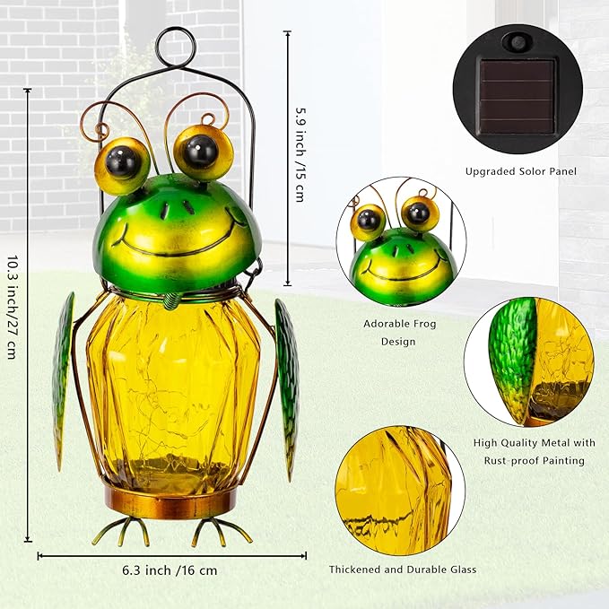 2 Pack Solar Lanterns Outdoor Waterproof Frog Hanging Solar Lantern, LED Glass Jar Outdoor Lanterns, Garden Lantern Lights for Yard Tree Table Xmas Metal Decoration