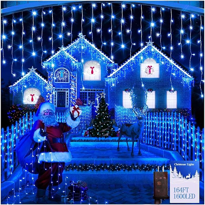 1600 LED 164FT Outdoor Christmas Lights Plug in 8 Modes with Timer Dimmable Christmas Decorations Waterproof Indoor Curtain String Lights for Roof Porch Garden Holiday Wedding Party Decor Blue