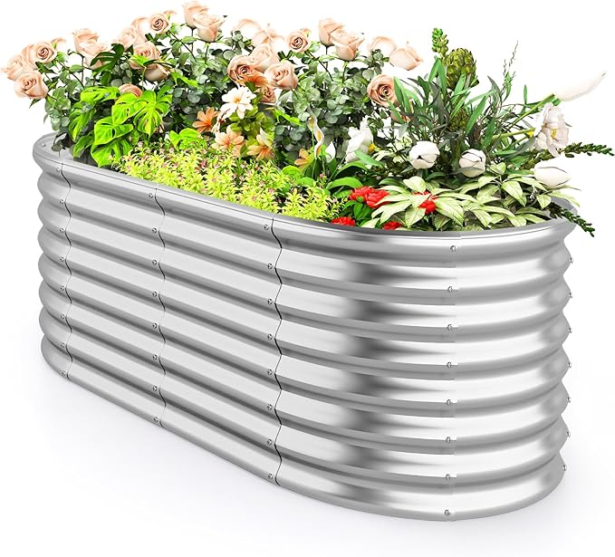 Giantex 5x3x2ft Raised Garden Bed, Large Metal Elevated Oval Planter Bed, 193 Gallon Capacity, Outdoor Planting Garden Box for Vegetable Flower Herb Grow (Silver)