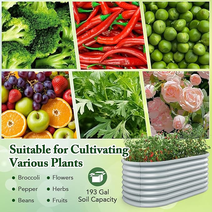 Giantex 5x3x2ft Raised Garden Bed, Large Metal Elevated Oval Planter Bed, 193 Gallon Capacity, Outdoor Planting Garden Box for Vegetable Flower Herb Grow (Grey)