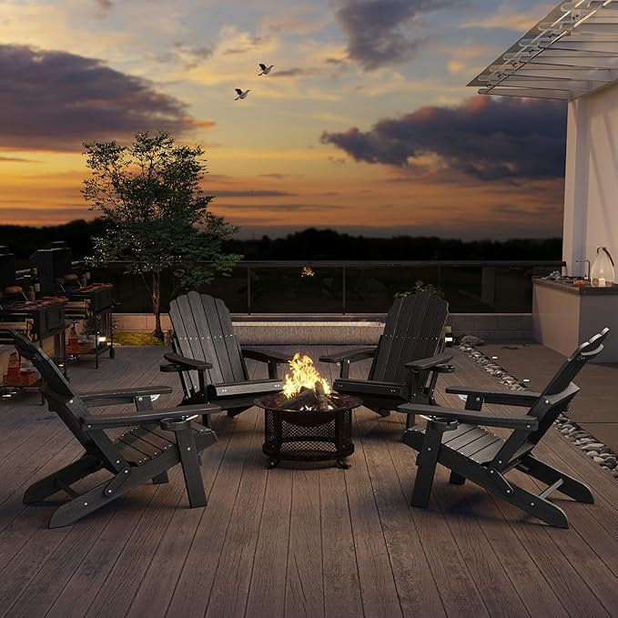 Adjustable Backrest Folding Adirondack Chair Set of 4, Adirondack Chair with Retractable Ottoman, Weather Resistant Fire Pit Chair with 2 Cup Holders, for Porch Backyard Outdoor Lawn, Black