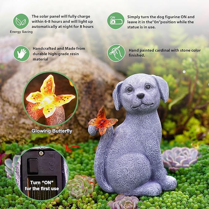 Garden Decor Solar Dog Statues: Outdoor Sculptures with Glowing Butterfly for Lawn Ornaments Yard Art Porch Patio Balcony - Gifts for Mom Grandma Women