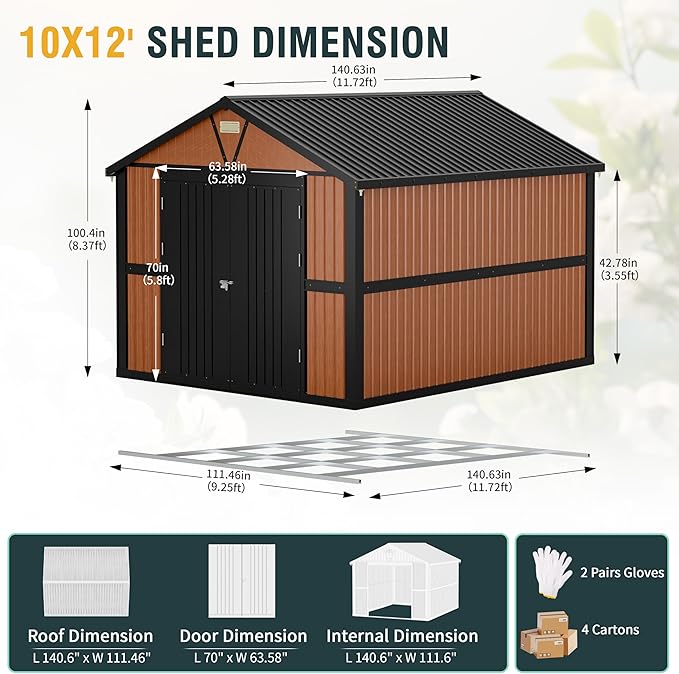 10x12 Ft Outdoor Storage Shed, Extra Large Metal Shed with Frame Floor, Lockable Doors, 2 Windows, Outside Steel Tiny House Ideal for Garden, Backyard, Patio Utility, Tool Storage