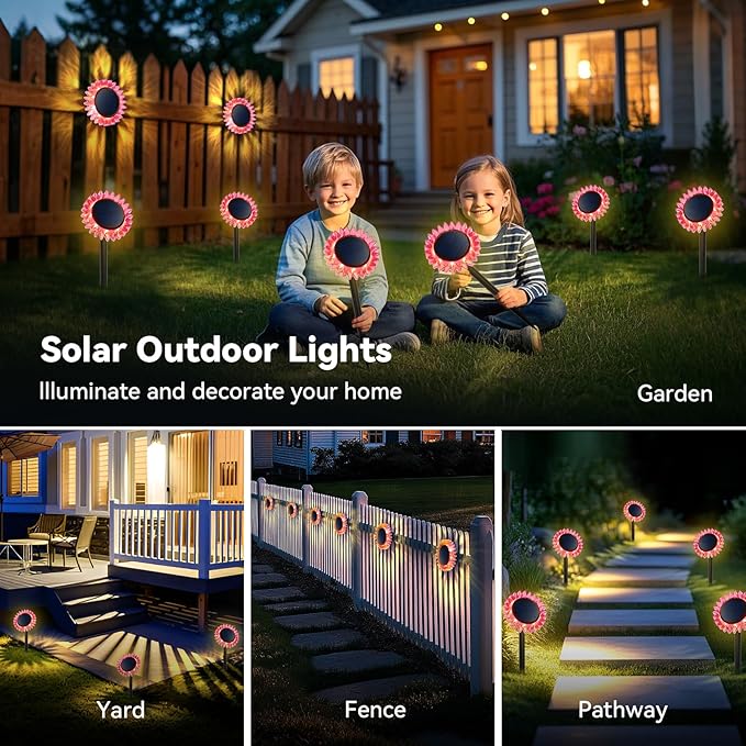Hogni 6PK Solar Garden Lights, Ground Stake/Hang 2 in 1 Solar Sunflowers Outdoor Waterproof IP67, Outdoor Decor for Pathway Walkway Landscape Backyard Fence Decoration
