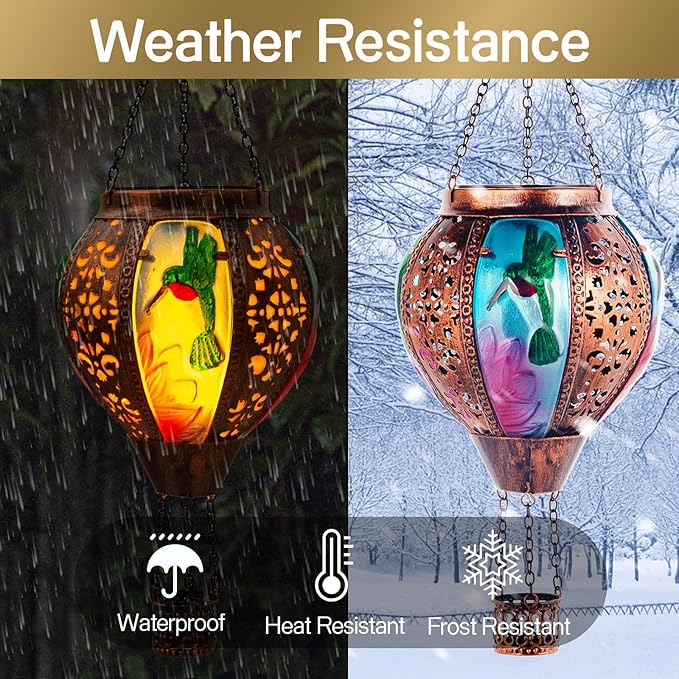 Hot Air Balloon Solar Lantern Hummingbird Lights, Flickering Flame Solar Hanging Lights for Outside,Waterproof for Garden Yard Patio Porch Decoration（Hummingbird）