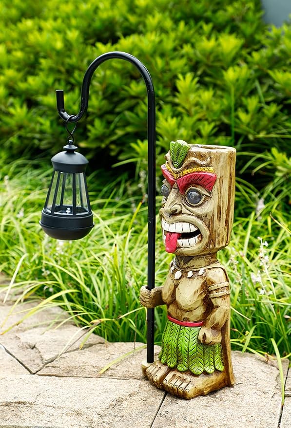 16.7" H Tiki Decor Garden Statue,Large Lantern Tiki Figurine with Solar Lights,Hawaiian Tiki Man Outdoor Patio Yard Lawn Bar Party Beach Pool Pond Halloween Christmas Decoration Ornament Gifts