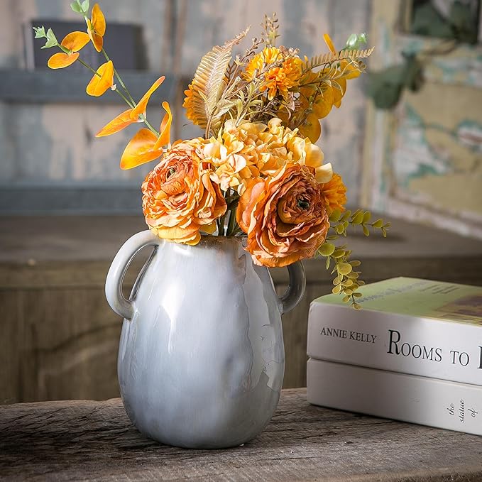 Gray Ceramic Vase with 2 Handles, Modern Farmhouse Decor, Rustic Terracotta Pottery, Decorative Flower Vases, Clay Small Vase, Centerpiece for Dining Table - 7 Inch Tall