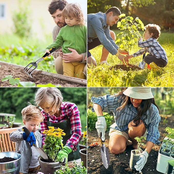 5 Pcs Gardening Tools Set with Heavy Duty Cast-Aluminium Heads and Non-Slip Rubber Grip, Including Transplanting Spade, Trowel, Cultivator, Pruner and Gardening Gloves, Great Gift for Woman