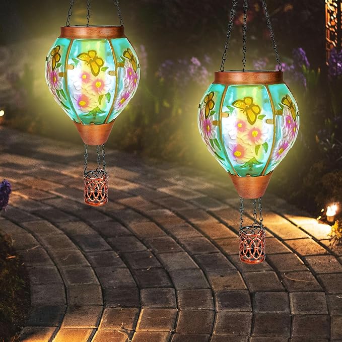 2 Pack Solar Hot Air Balloon Lantern with Flame， Butterfly Glass Outdoor Solar Lanterns for Outside Hanging Farmhouse Patio Pathway Decor, Butterfly Gifts for Women Grandma Mom - Butterfly