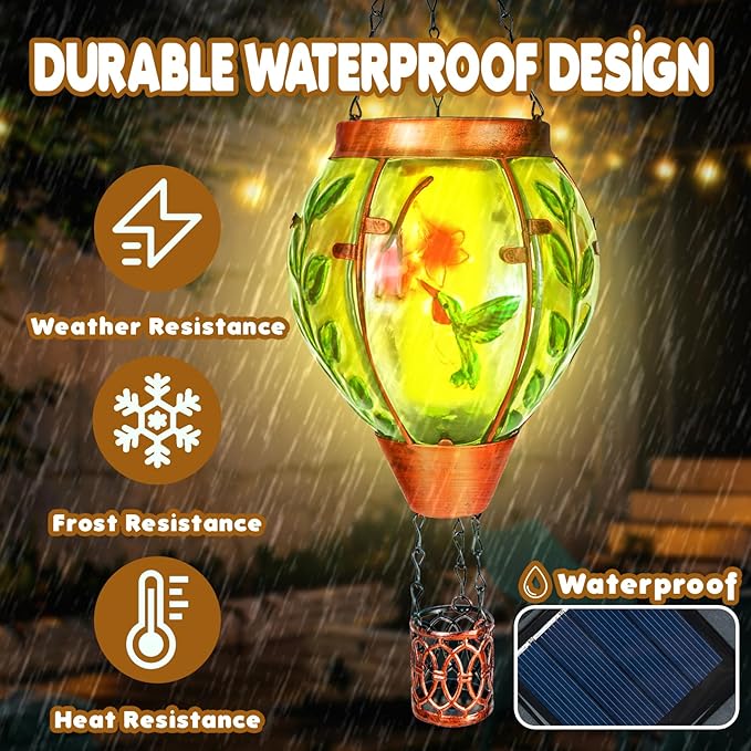 Hummingbird Solar Hot Air Balloon Lantern,Outdoor Decor with Flame Lights Waterproof, Hanging Lights for Garden Yard Lawn Patio, Unique Gifts for Women Mom Grandma Gardener for Mother'Day