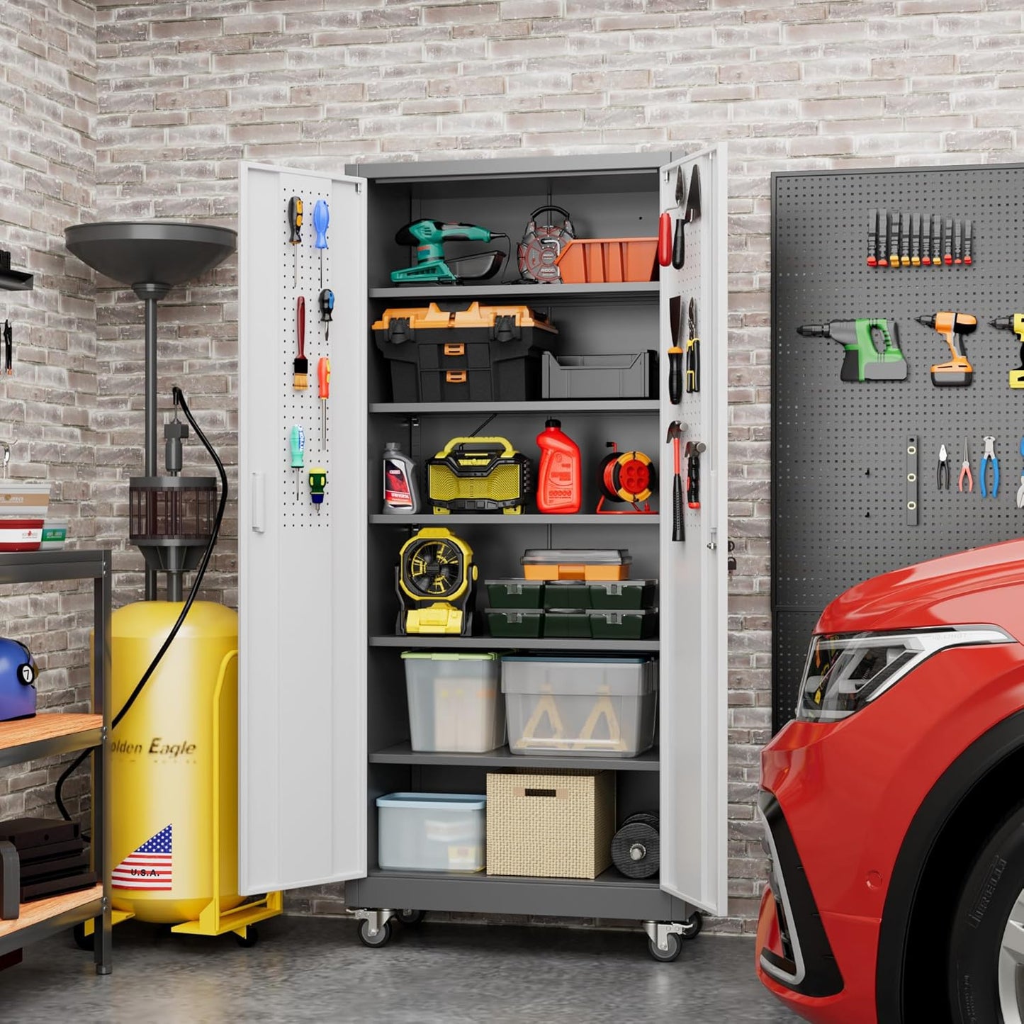 Aobabo 71" H x 32" W x 16" D Metal Storage Cabinet with Wheels, Garage Steel Storage Cabinet with 5 Adjustable Shelves and 4 Hooks for Home Office School, Assembly Required, Grey White