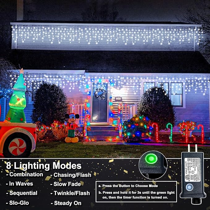 Icicle Lights for Outside, 33FT 400 LED Icicle Christmas Lights with 8 Modes 75 Drops, Waterproof Plug in Curtain String Lights for Outdoor Indoor House Yard Roof Wedding Decorations, White